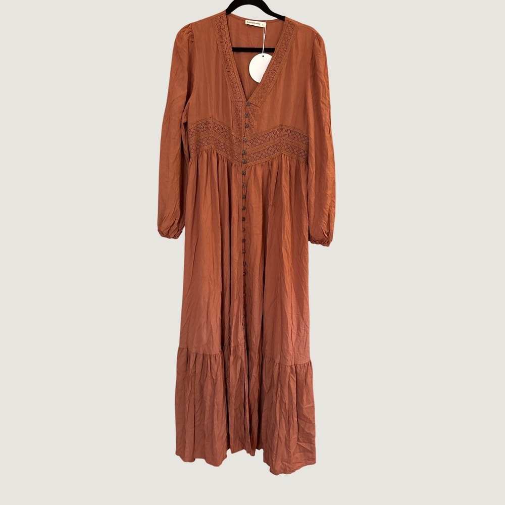 Rusttydustty Maxi Dress Women Terracotta Boho Lace Trim Button Front NWT SIZE L